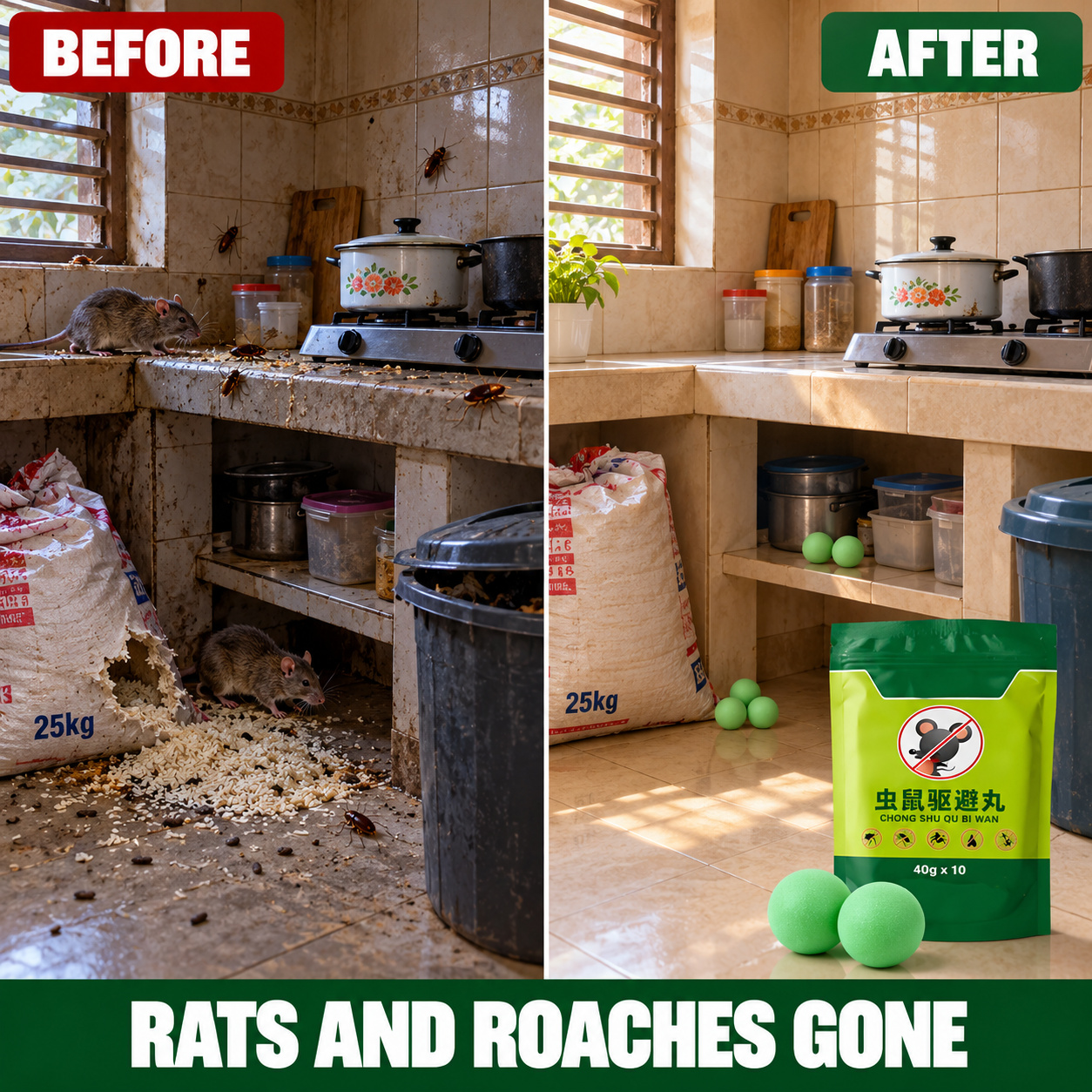 Kitchen before and after placing the repellant balls