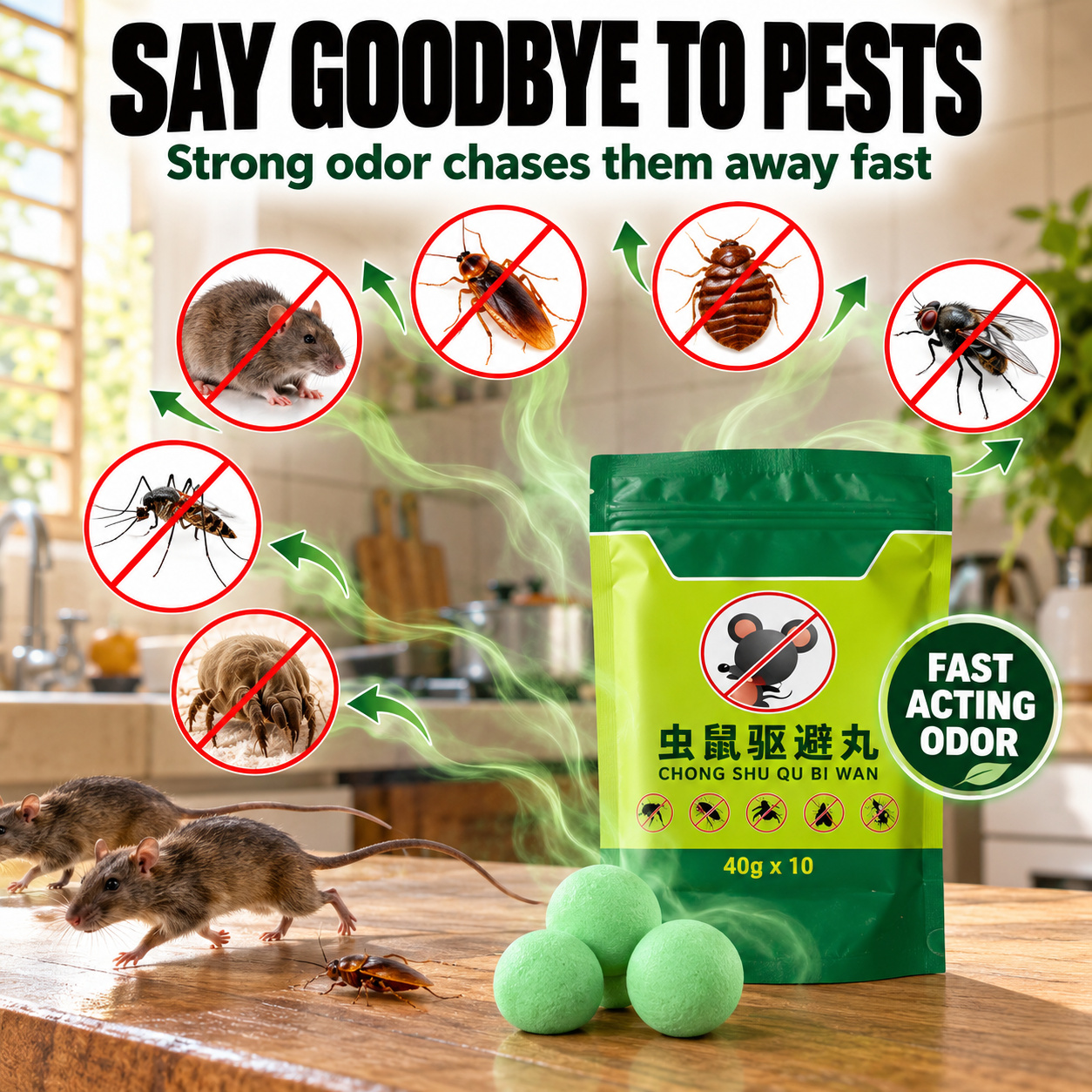 Fast acting odor drives rats, roaches and insects away