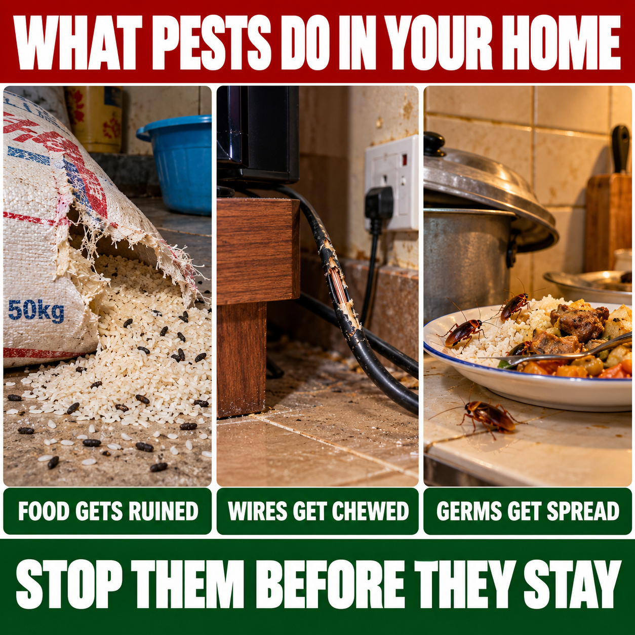 Food ruined, wires chewed and germs spread by pests