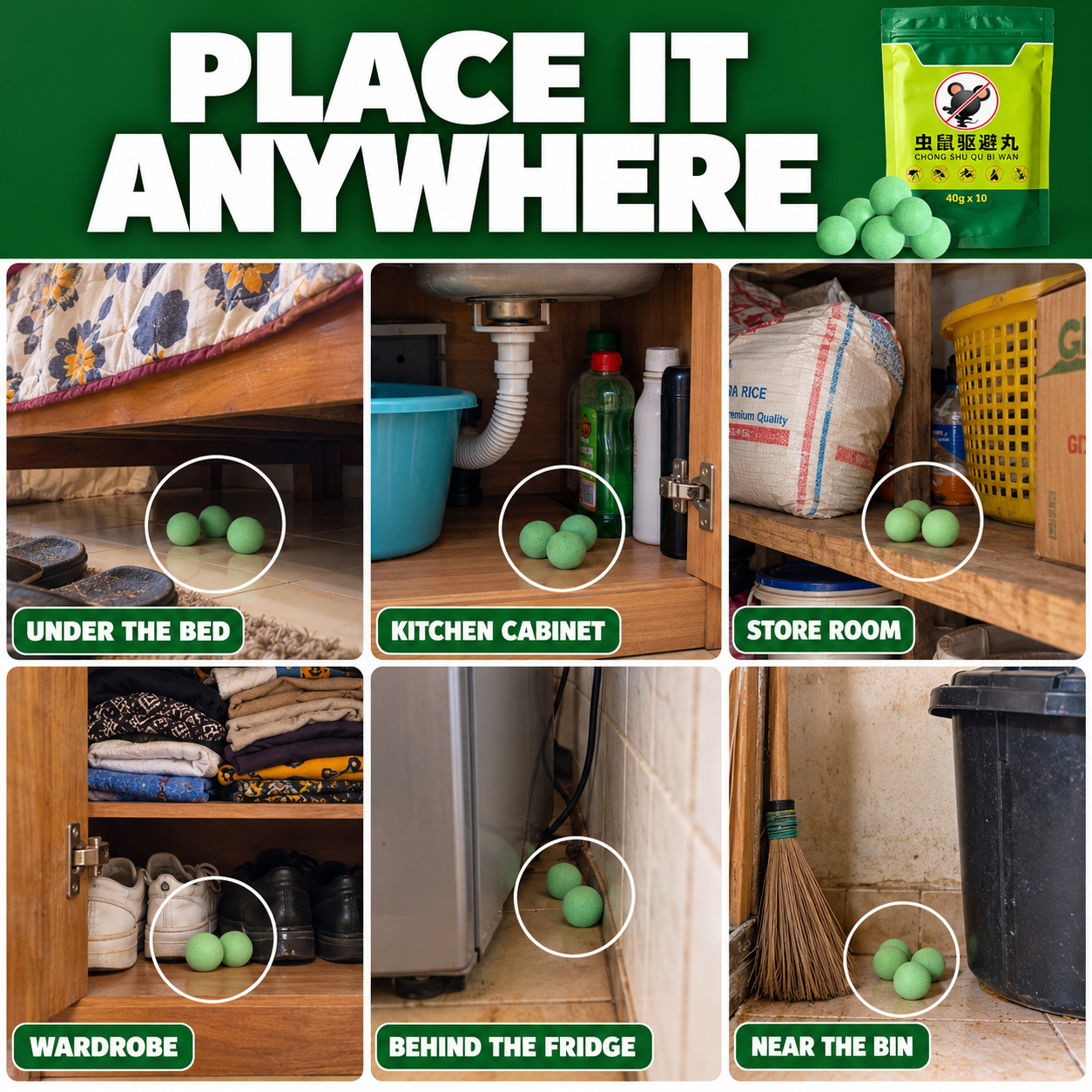 Places to put the repellant balls around the home